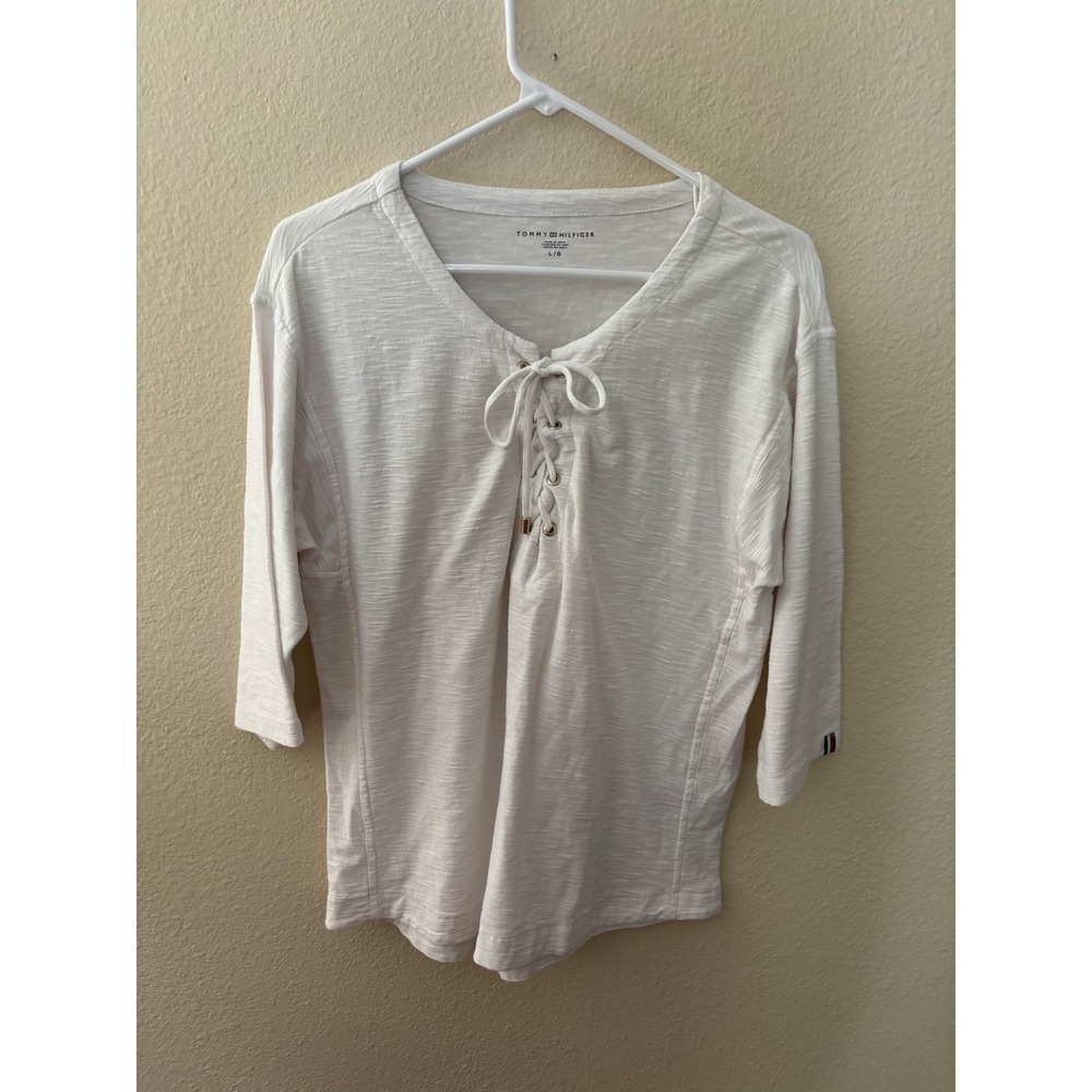 Tommy Hilfiger Womens White Slub Knit Lace Up V-Neck 3/4 Sleeve Top Large A1135